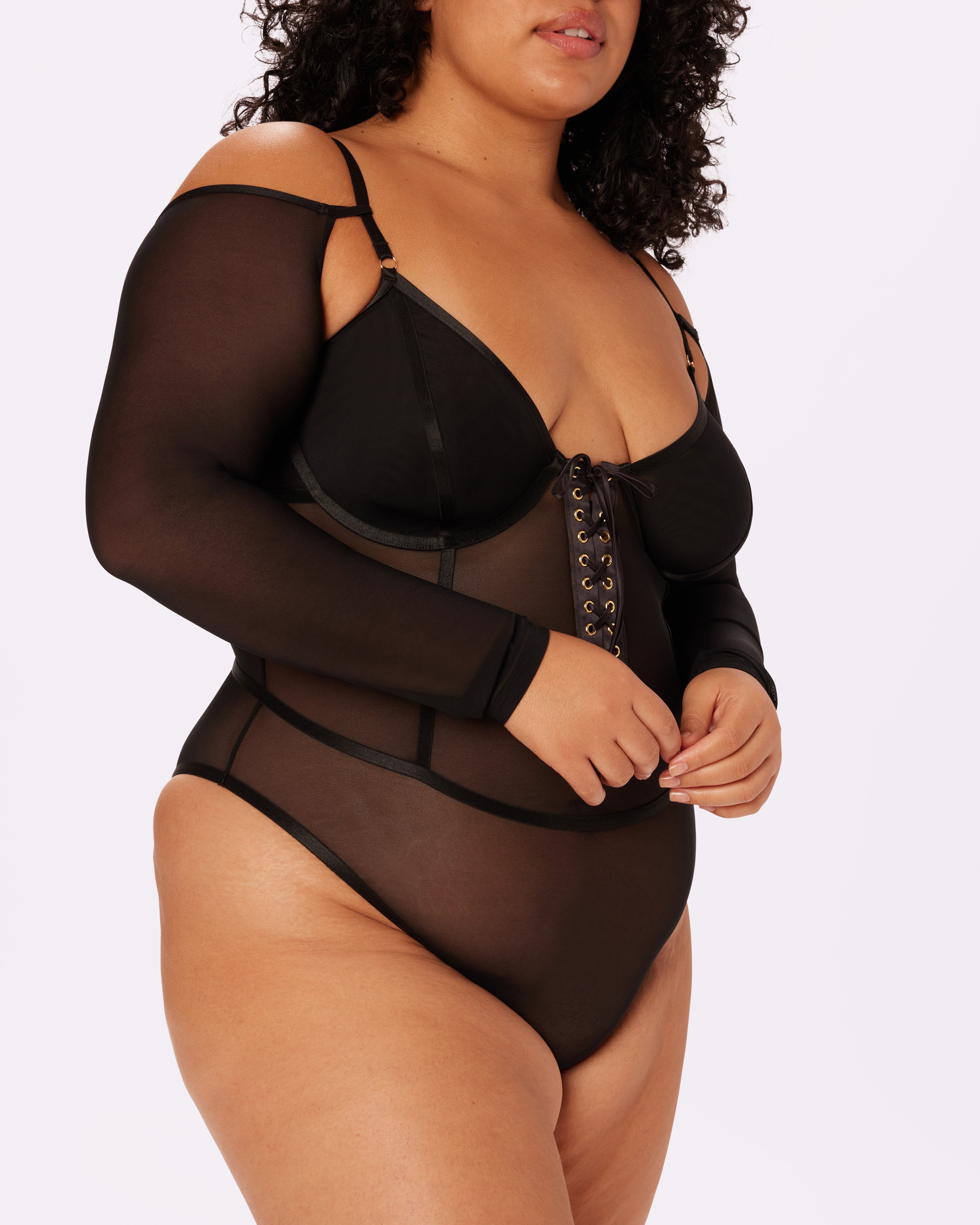 Silky Mesh Sheer Bodysuit - Convertible Sleeve Design