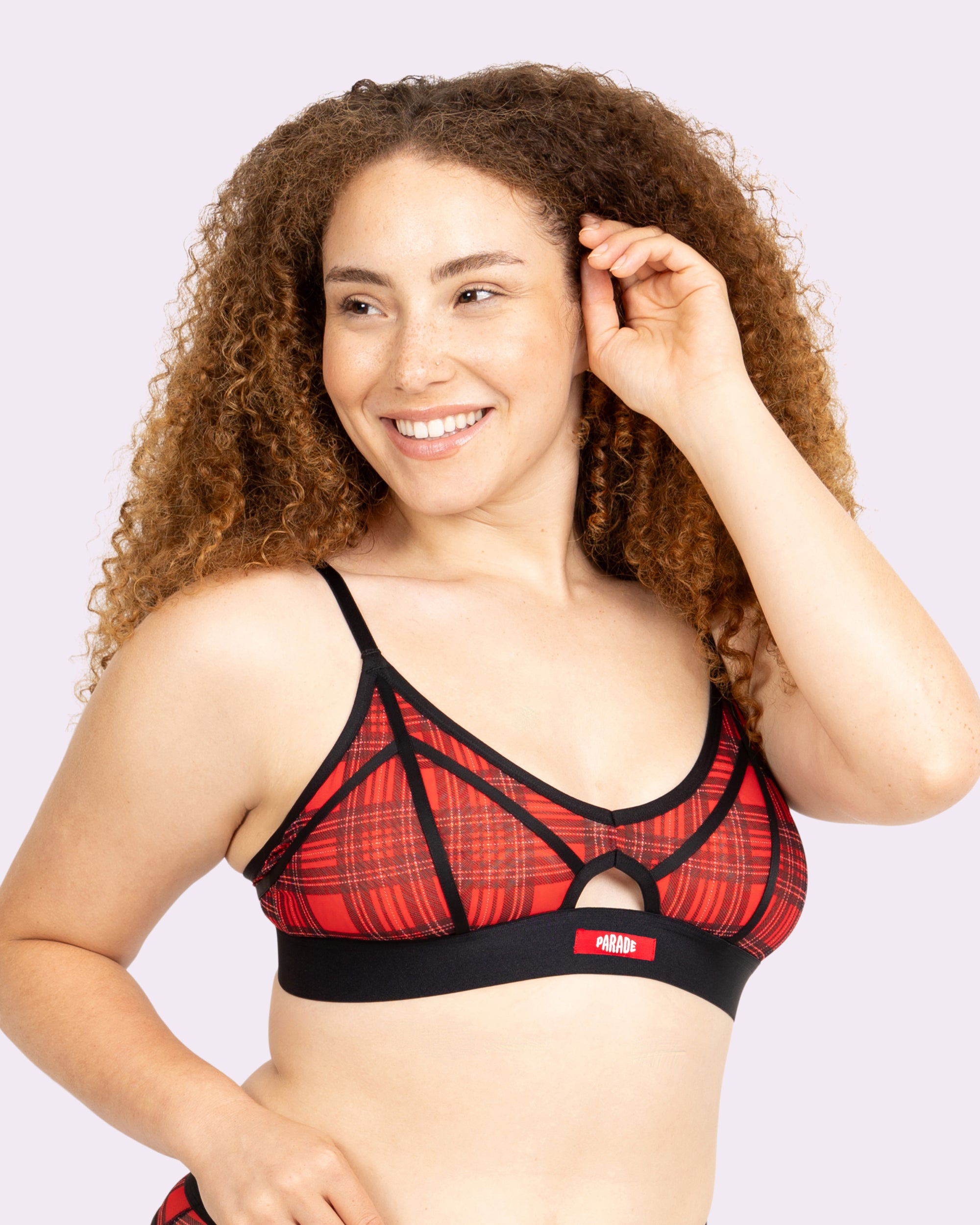 Silky Mesh Triangle Bralette - Tartan Plaid Cutout