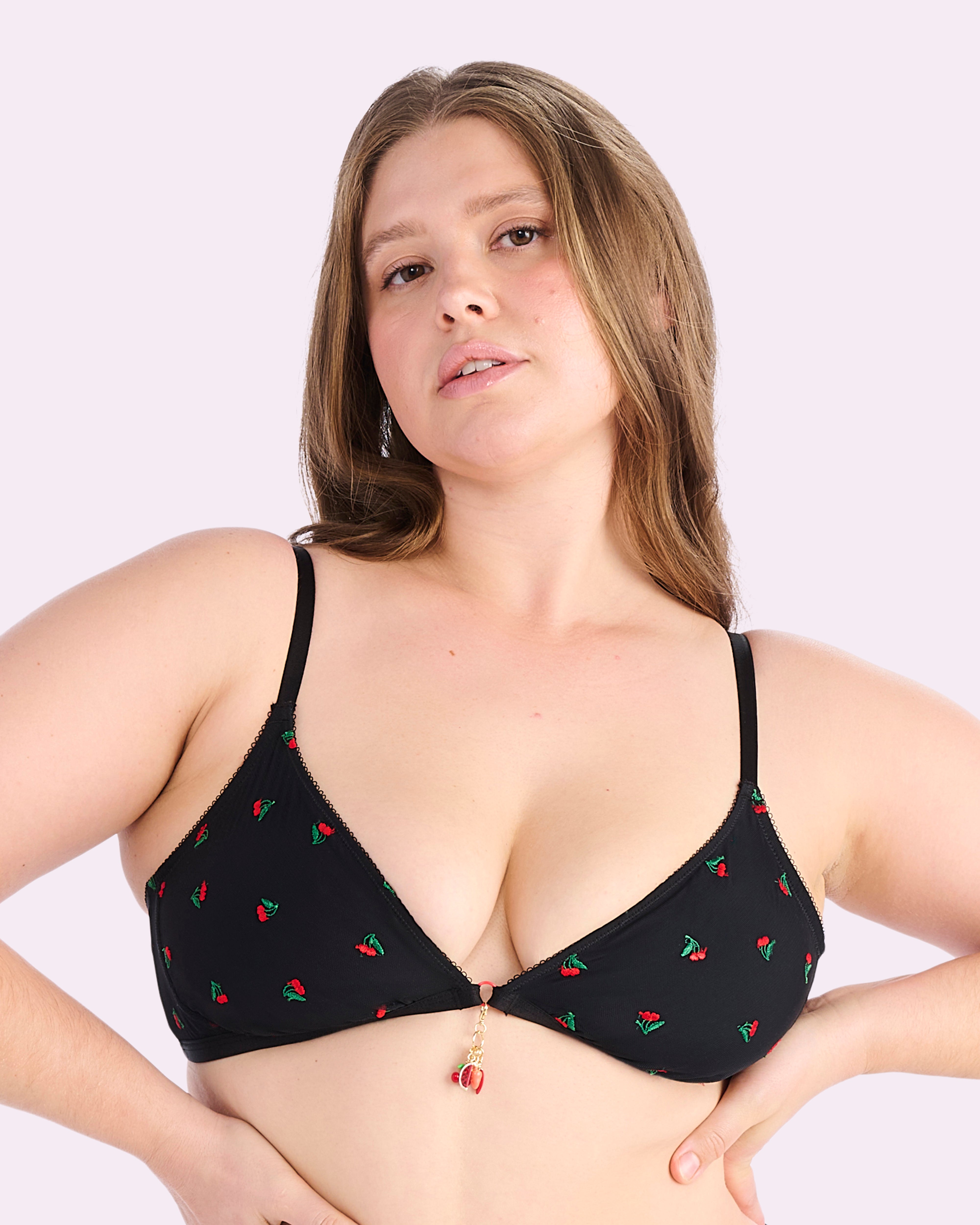 Cherry Embroidered Mesh Bralette - Lace Triangle Top